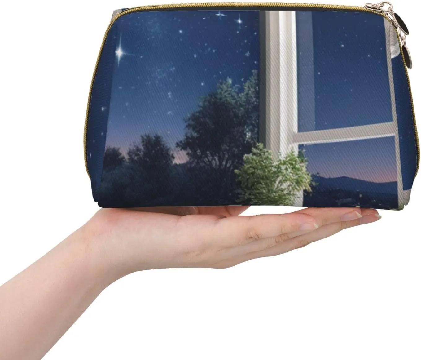 Navy Blue Sky and Stars Printed Small Makeup Bag,Travel Cosmetic Bag Purse with Zipper,Water-resistant Makeup Organizer Bag for Women