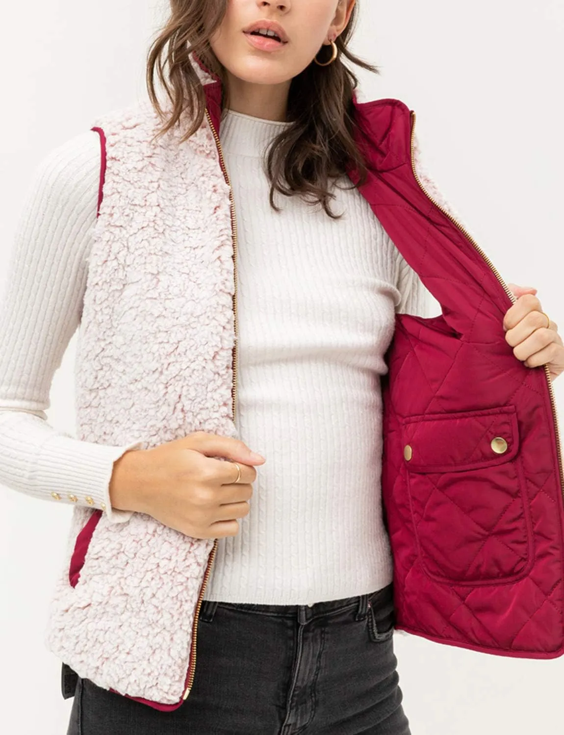 NE PEOPLE Women’s Quilted Vest – Reversible Lightweight Sleeveless Full Zip Up Faux Fur Lining Gilet Jacket with Pockets