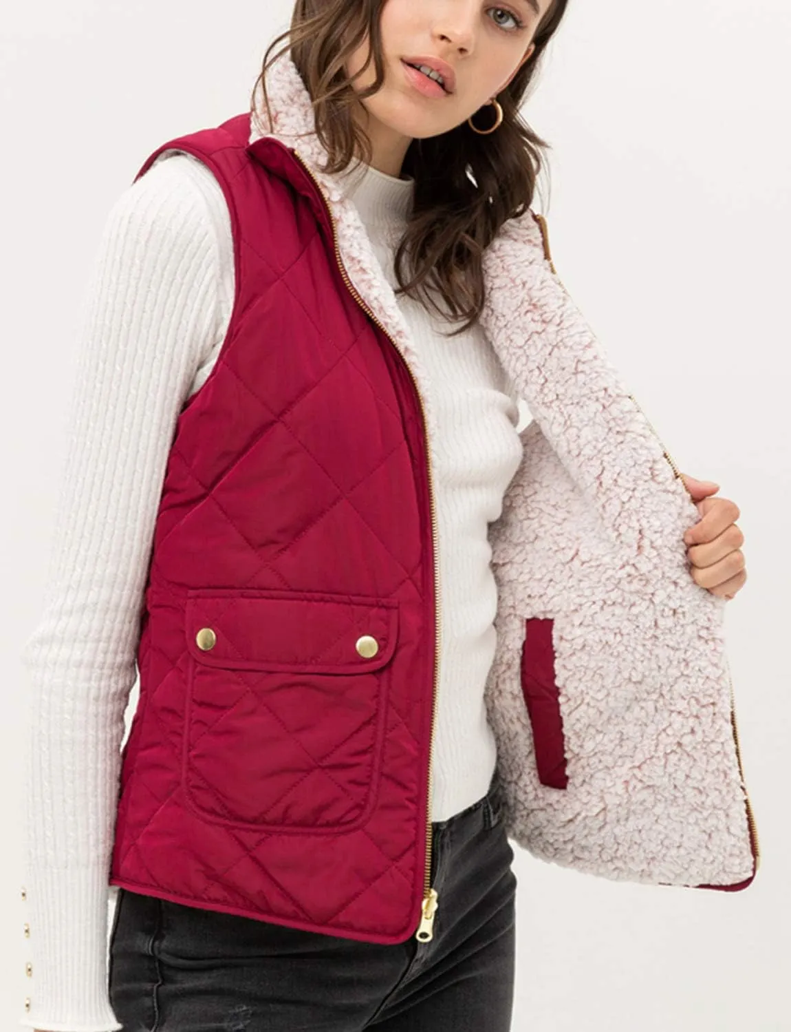 NE PEOPLE Women’s Quilted Vest – Reversible Lightweight Sleeveless Full Zip Up Faux Fur Lining Gilet Jacket with Pockets
