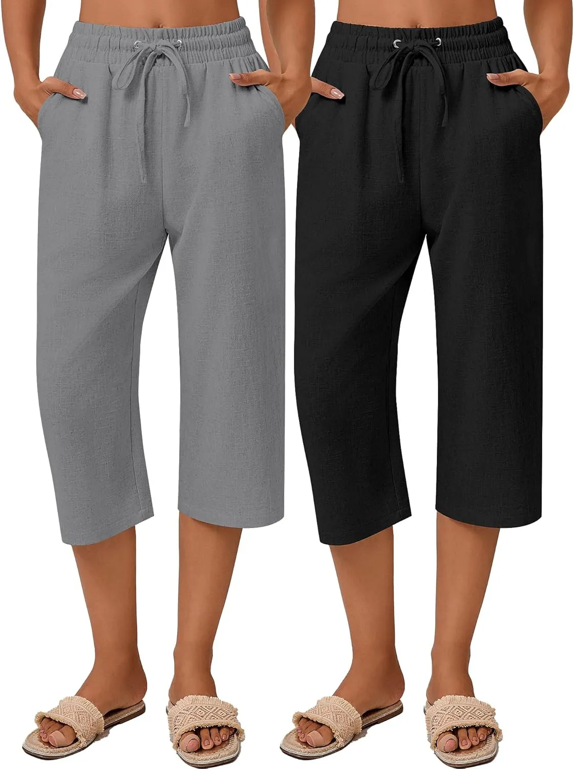 Neer 2 Pack Women's Linen Capri Pants Basics Wide Leg Casual Loose Drawstring Elasticated Beach Capris Pant with Pocket