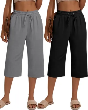 Neer 2 Pack Women's Linen Capri Pants Basics Wide Leg Casual Loose Drawstring Elasticated Beach Capris Pant with Pocket