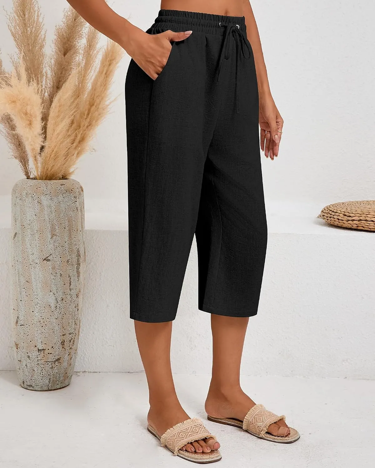 Neer 2 Pack Women's Linen Capri Pants Basics Wide Leg Casual Loose Drawstring Elasticated Beach Capris Pant with Pocket