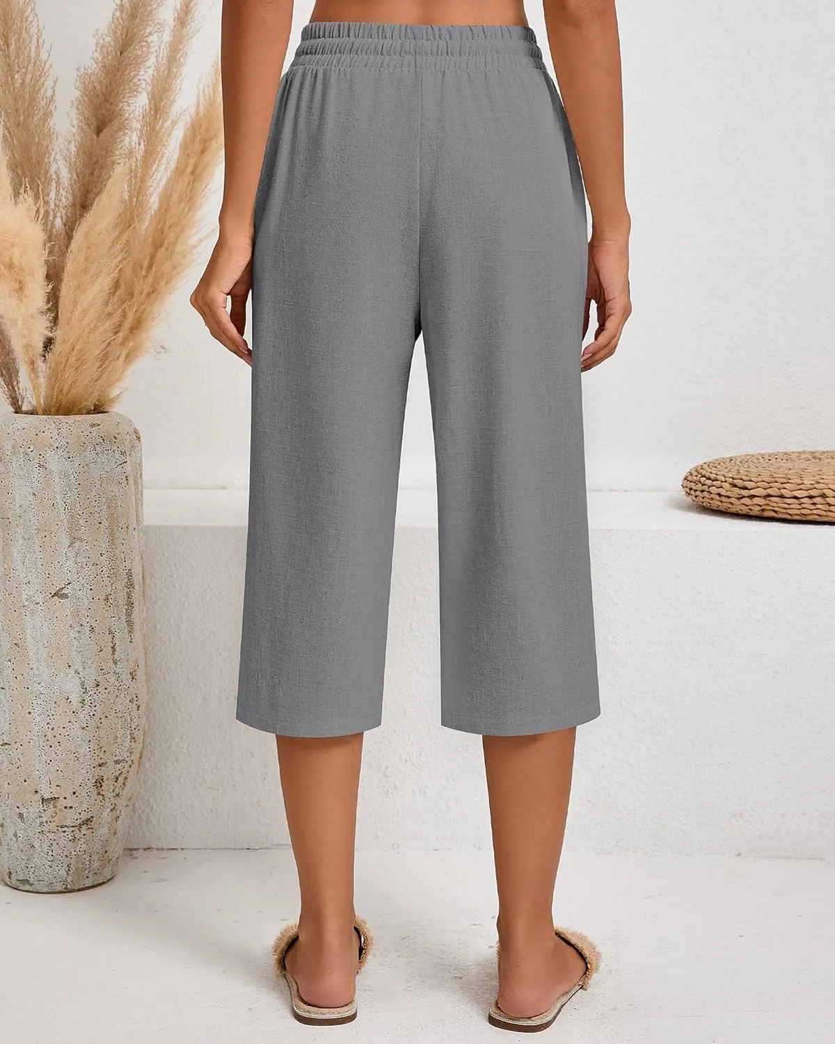Neer 2 Pack Women's Linen Capri Pants Basics Wide Leg Casual Loose Drawstring Elasticated Beach Capris Pant with Pocket