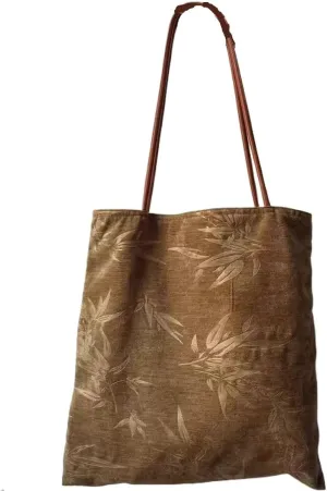 New Chinese Style Cheongsam Bag Velvet Large Capacity Tote with Bamboo Leaf Pressed Flower Lamp Core