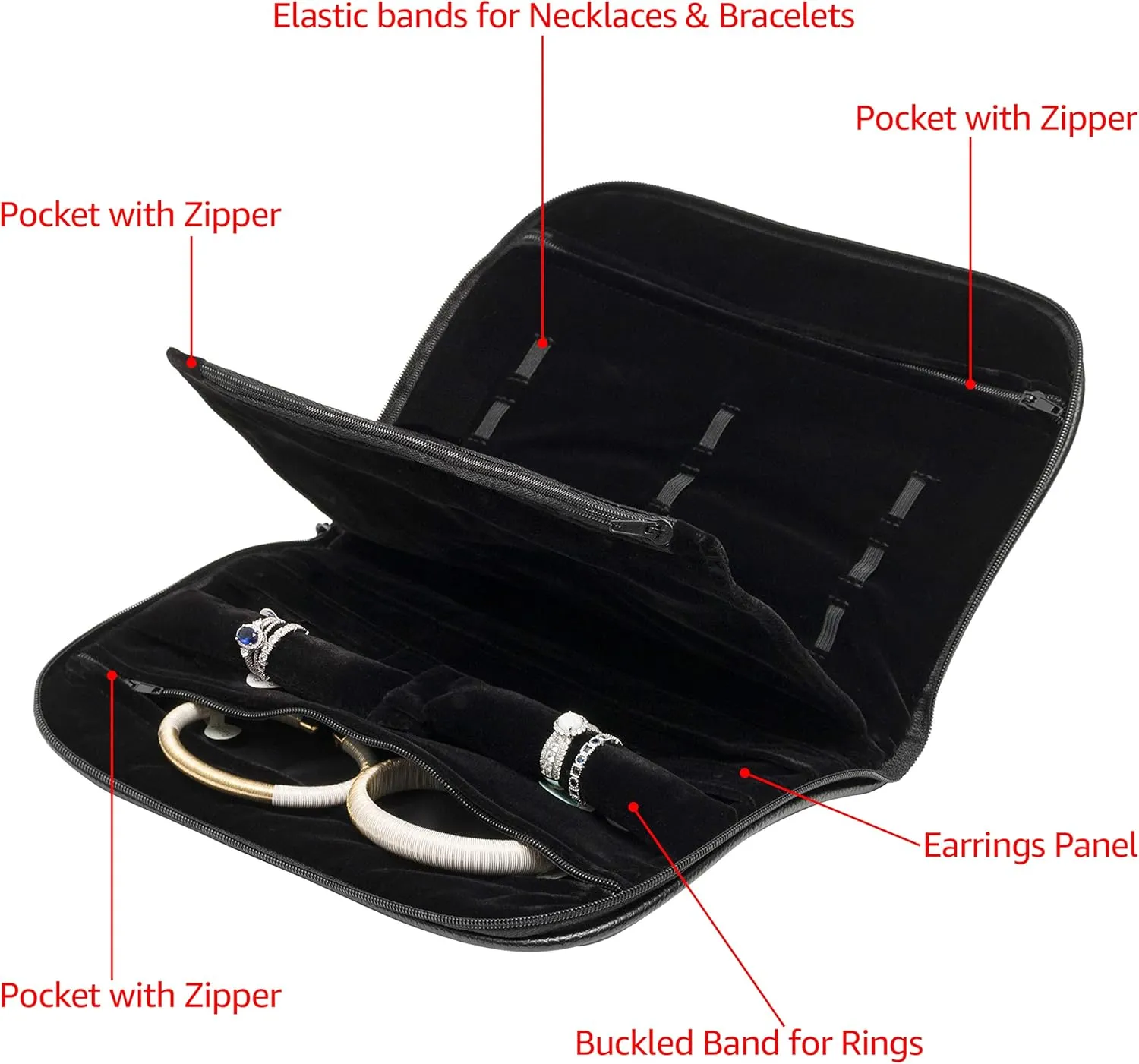 Noble Travel Jewelry Pouch - Compact Jewelry Travel Organizer with Zipper Closure and Pocket - Travel Jewelry Organizer (Large) Black