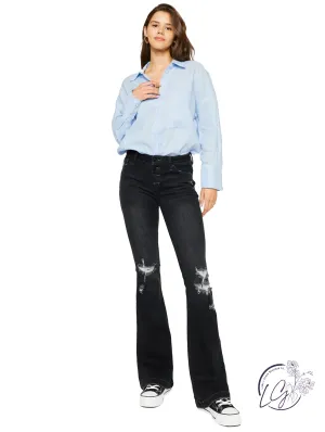 Nola Mid-Rise Button Fly Distressed Flare Jean by KanCan