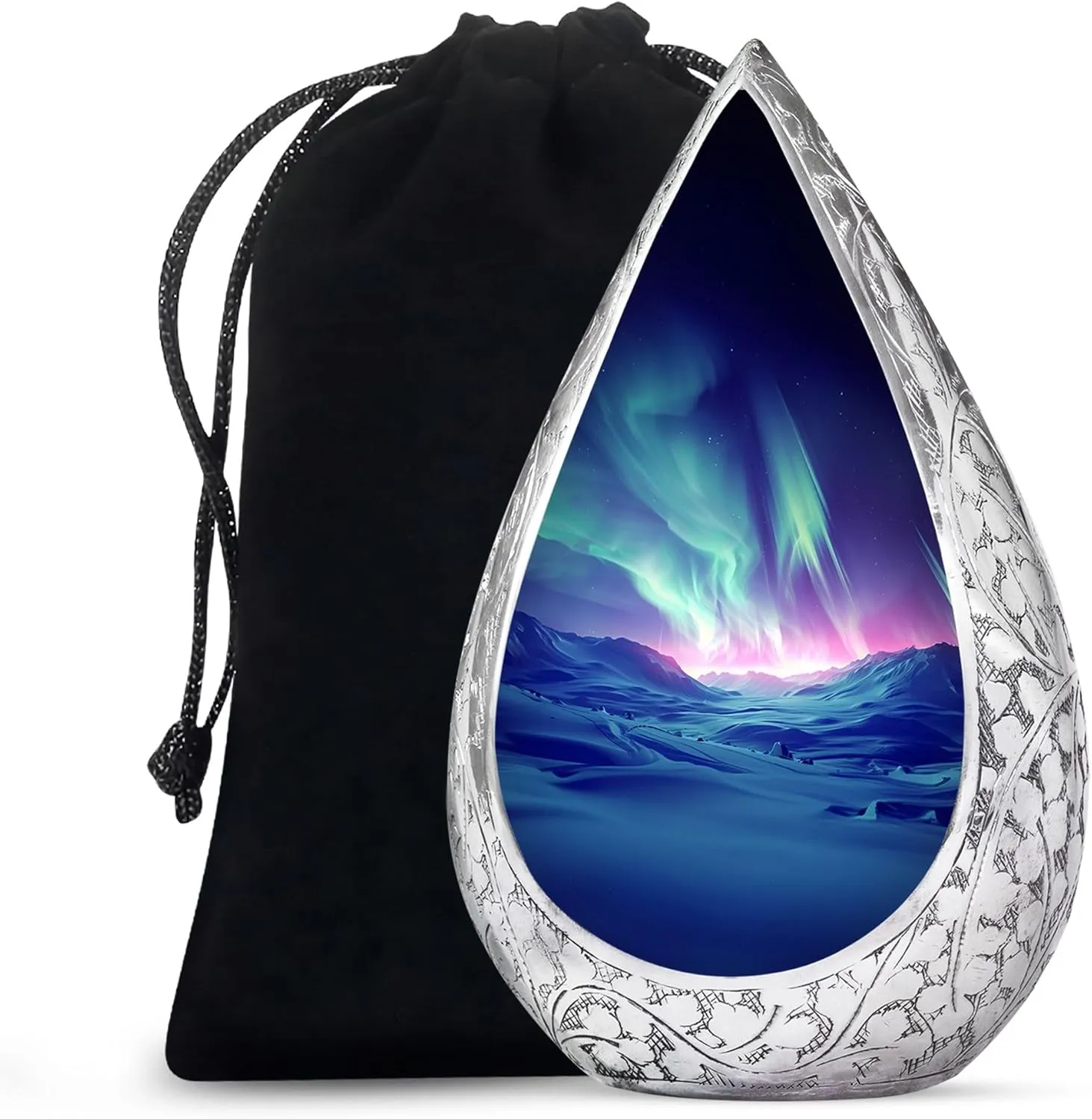 Northern Lights Burial Urns for Cremated Remains - Large Drop Burial Urn for Ashes Cremation - Urn for Human Ashes Adult Male and Female with Velvet Bag - Holds 200 Cubic, 10 Inch