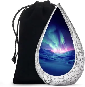 Northern Lights Burial Urns for Cremated Remains - Large Drop Burial Urn for Ashes Cremation - Urn for Human Ashes Adult Male and Female with Velvet Bag - Holds 200 Cubic, 10 Inch