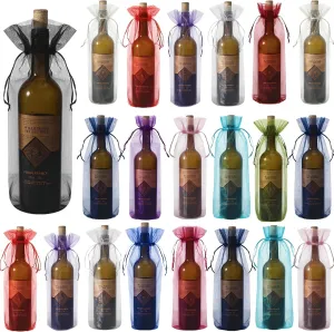 Nuogo 70 Pcs Sheer Organza Wine Bags 14.6 x 5.5 Wine Gift Pouches Sheer Mesh Wine Gift Pouches Reusable Bottle Wrap Bottle Covers Drawstring Gift Wrap Bags Dresses for Wedding Christmas Baby Shower