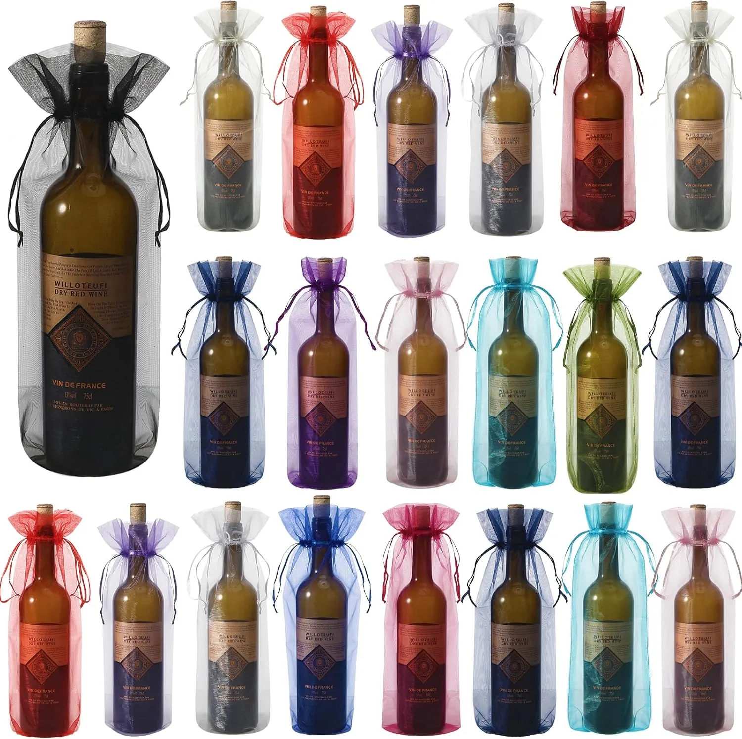 Nuogo 70 Pcs Sheer Organza Wine Bags 14.6 x 5.5 Wine Gift Pouches Sheer Mesh Wine Gift Pouches Reusable Bottle Wrap Bottle Covers Drawstring Gift Wrap Bags Dresses for Wedding Christmas Baby Shower