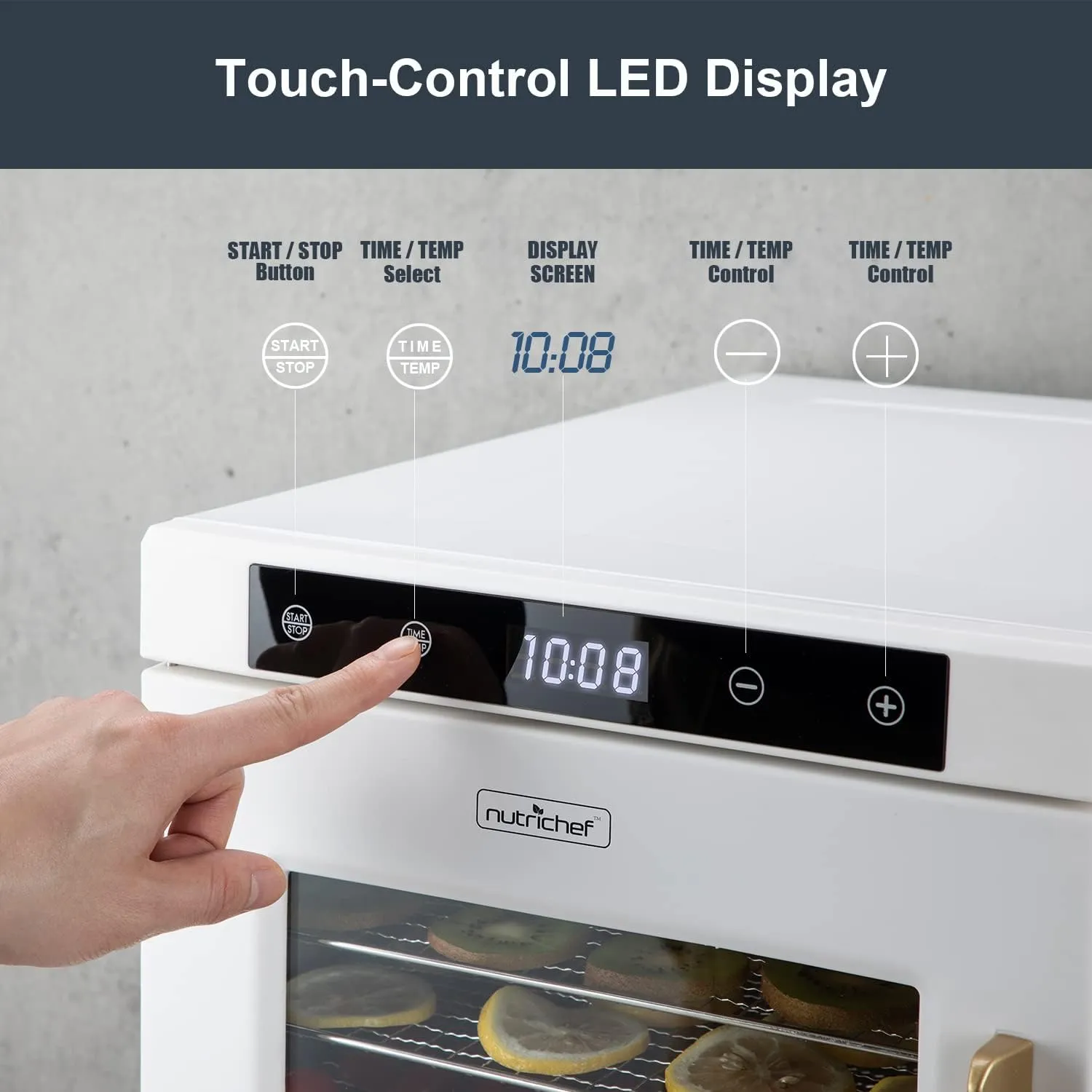 NutriChef Electric Countertop Food Dehydrator Machine 900-Watt Premium Multi-Tier Meat Beef Jerky Maker Fruit/Veggie Dryer w/Timer, Temperature Control, 10 Stainless Steel Trays, White