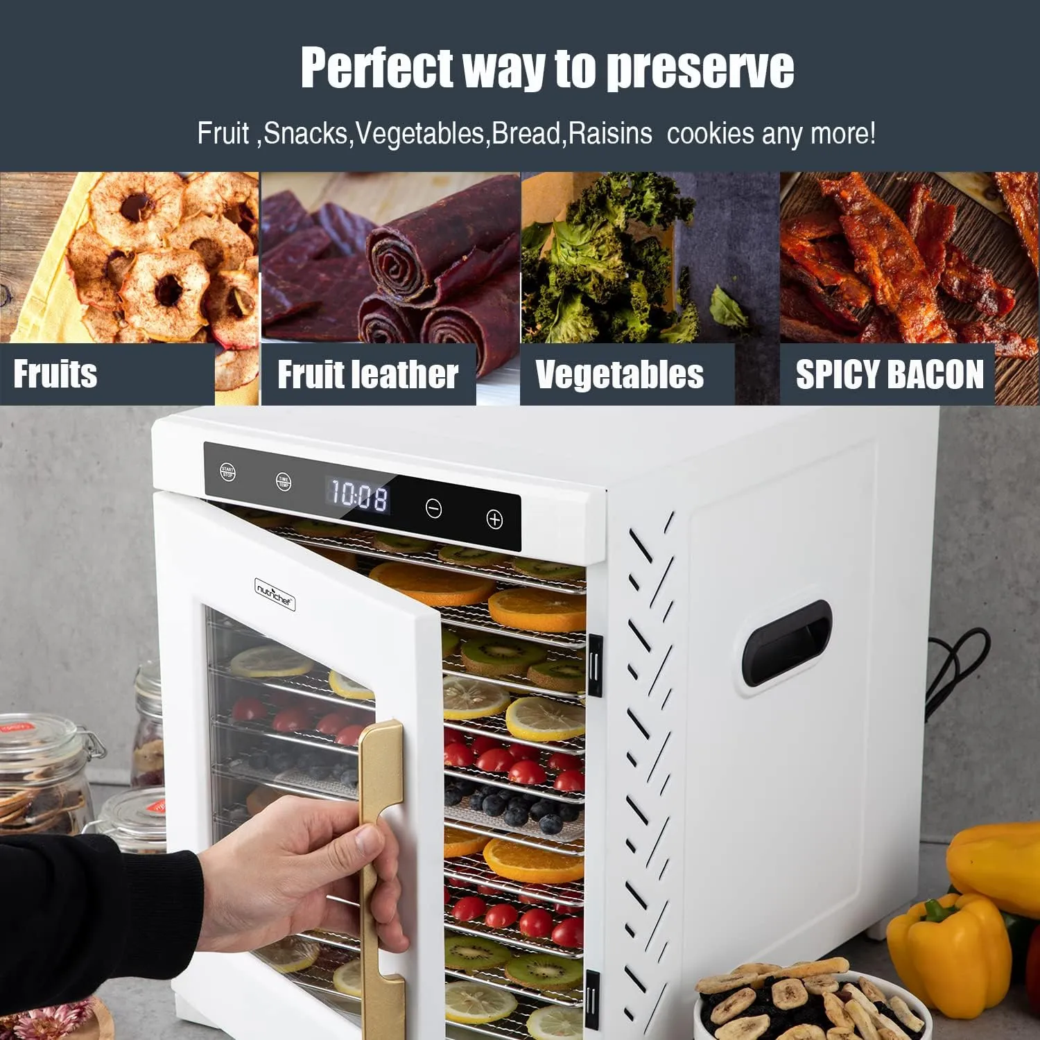 NutriChef Electric Countertop Food Dehydrator Machine 900-Watt Premium Multi-Tier Meat Beef Jerky Maker Fruit/Veggie Dryer w/Timer, Temperature Control, 10 Stainless Steel Trays, White