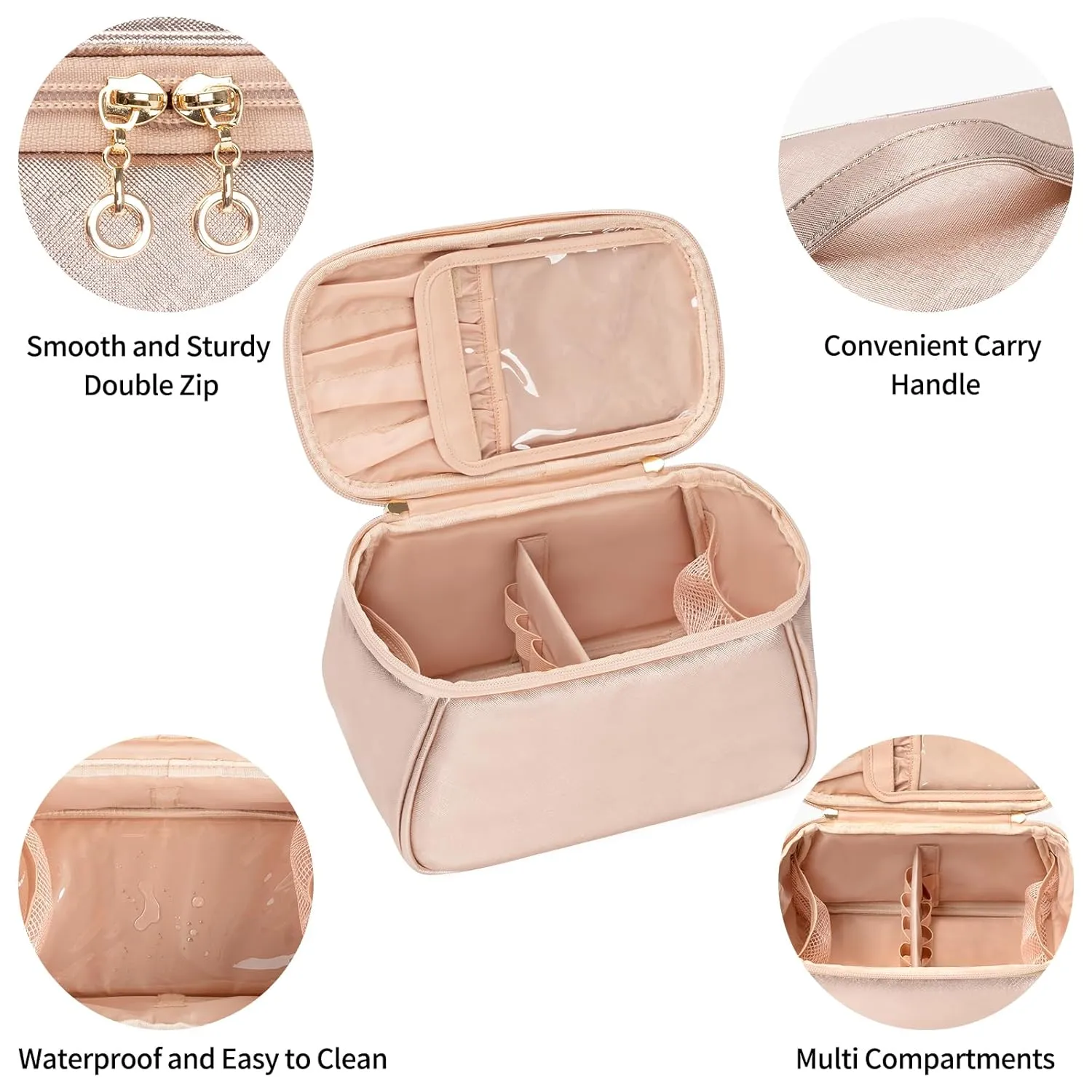 OCHEAL Large Makeup Bag, Makeup Bag Organizer Cosmetic Bags for Women Travel Travel Toiletry Bag Make Up Bag with Divider and Handle for Cosmetics Toiletries Brushes Tools Storage -Rose Gold
