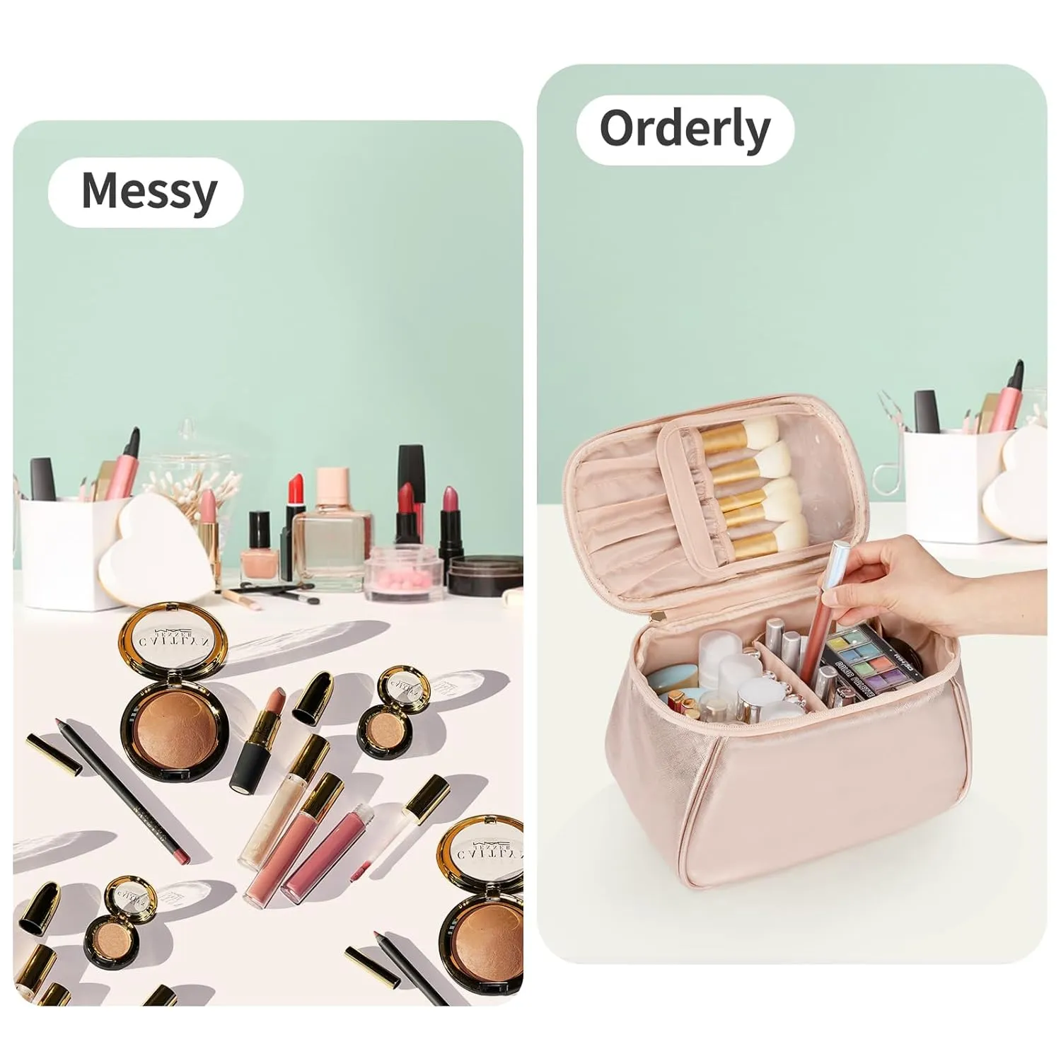 OCHEAL Large Makeup Bag, Makeup Bag Organizer Cosmetic Bags for Women Travel Travel Toiletry Bag Make Up Bag with Divider and Handle for Cosmetics Toiletries Brushes Tools Storage -Rose Gold