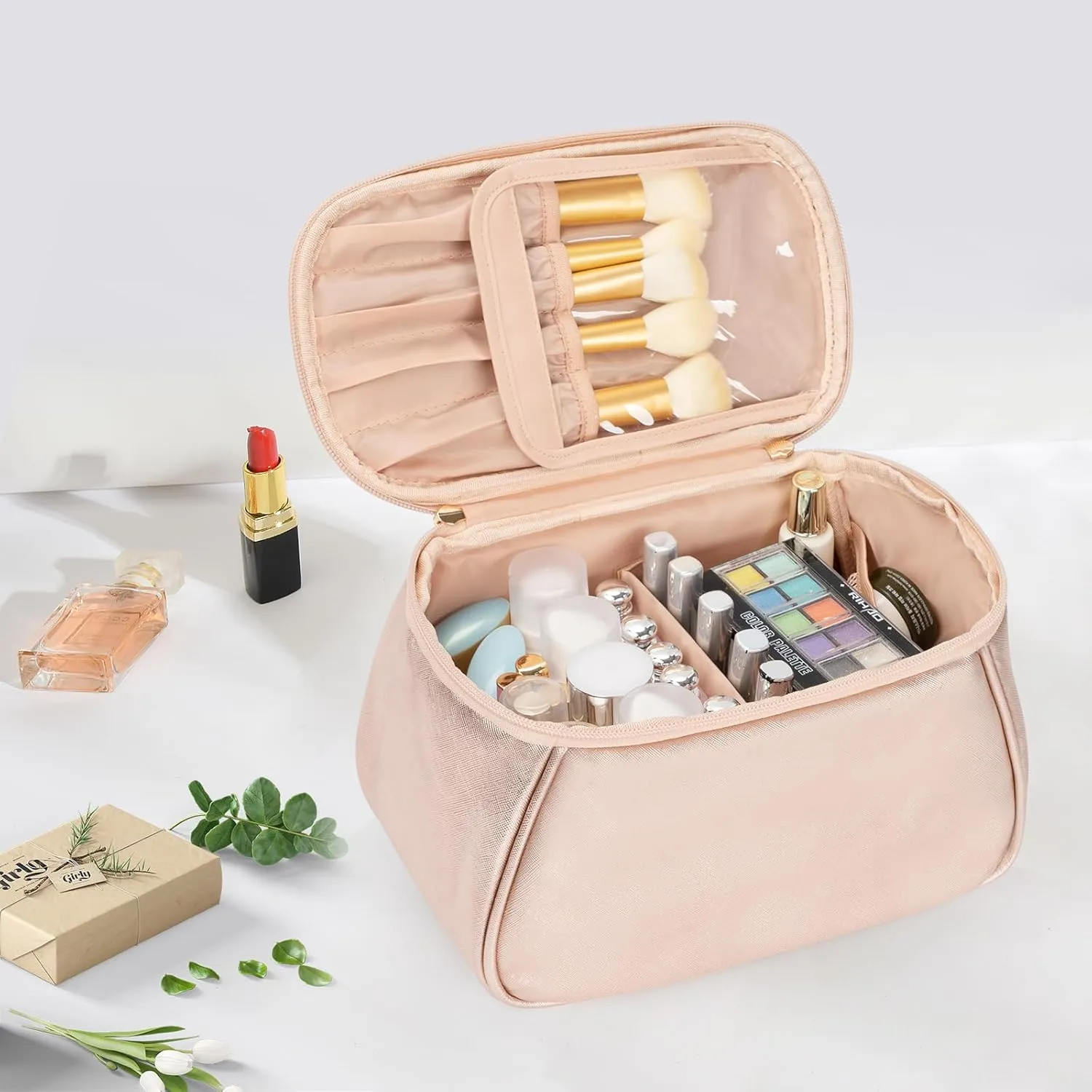 OCHEAL Large Makeup Bag, Makeup Bag Organizer Cosmetic Bags for Women Travel Travel Toiletry Bag Make Up Bag with Divider and Handle for Cosmetics Toiletries Brushes Tools Storage -Rose Gold