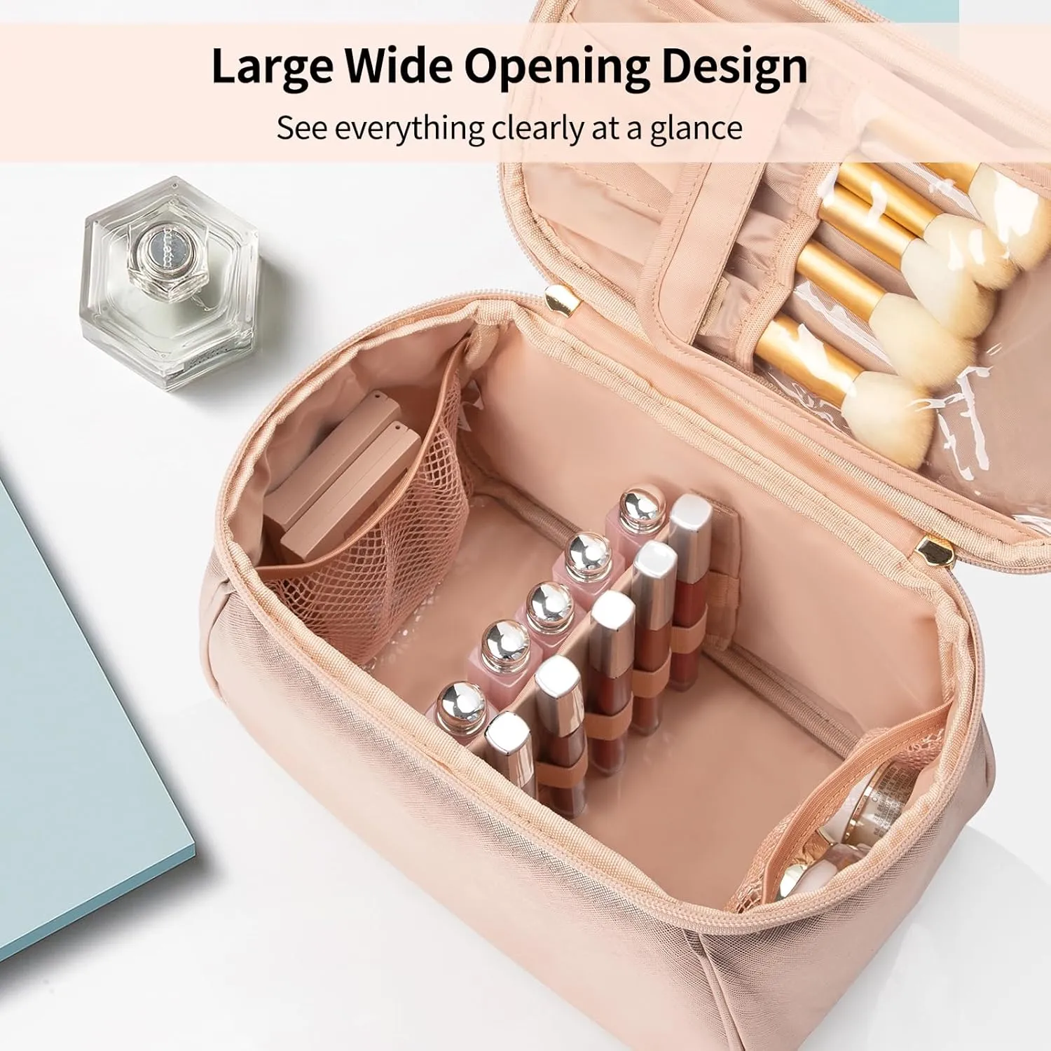 OCHEAL Large Makeup Bag, Makeup Bag Organizer Cosmetic Bags for Women Travel Travel Toiletry Bag Make Up Bag with Divider and Handle for Cosmetics Toiletries Brushes Tools Storage -Rose Gold