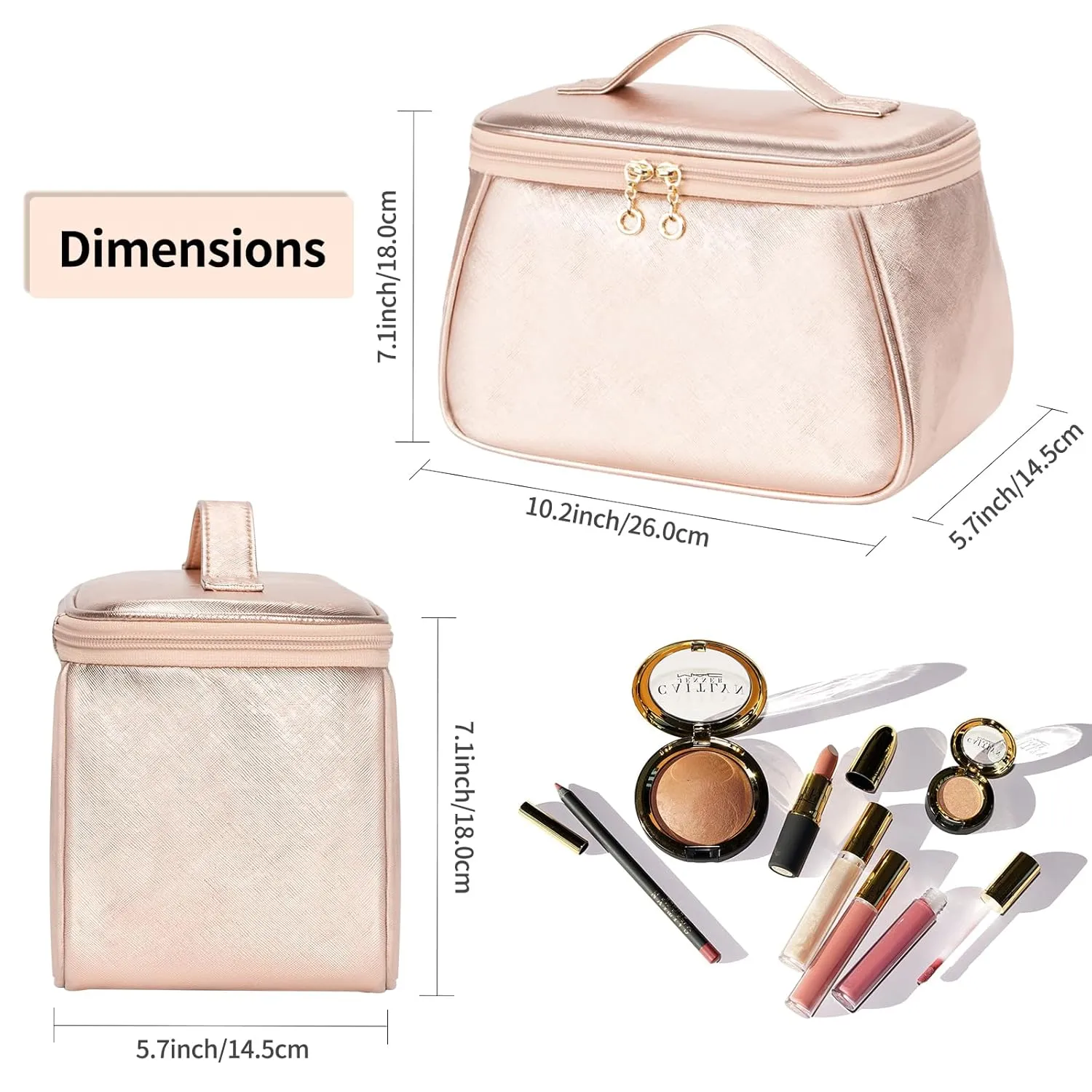 OCHEAL Large Makeup Bag, Makeup Bag Organizer Cosmetic Bags for Women Travel Travel Toiletry Bag Make Up Bag with Divider and Handle for Cosmetics Toiletries Brushes Tools Storage -Rose Gold
