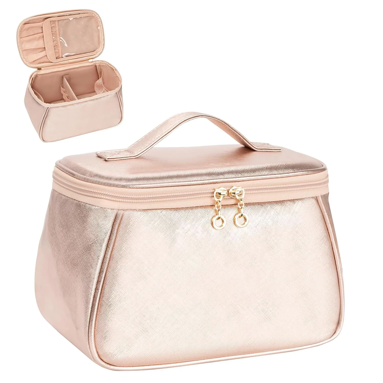 OCHEAL Large Makeup Bag, Makeup Bag Organizer Cosmetic Bags for Women Travel Travel Toiletry Bag Make Up Bag with Divider and Handle for Cosmetics Toiletries Brushes Tools Storage -Rose Gold
