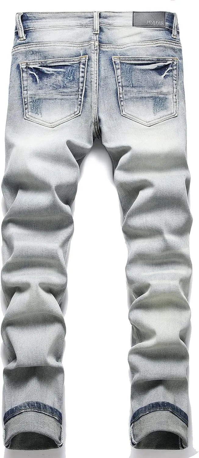 OIIIO Men's Patch Ripped Stretch Regular Fit Jean