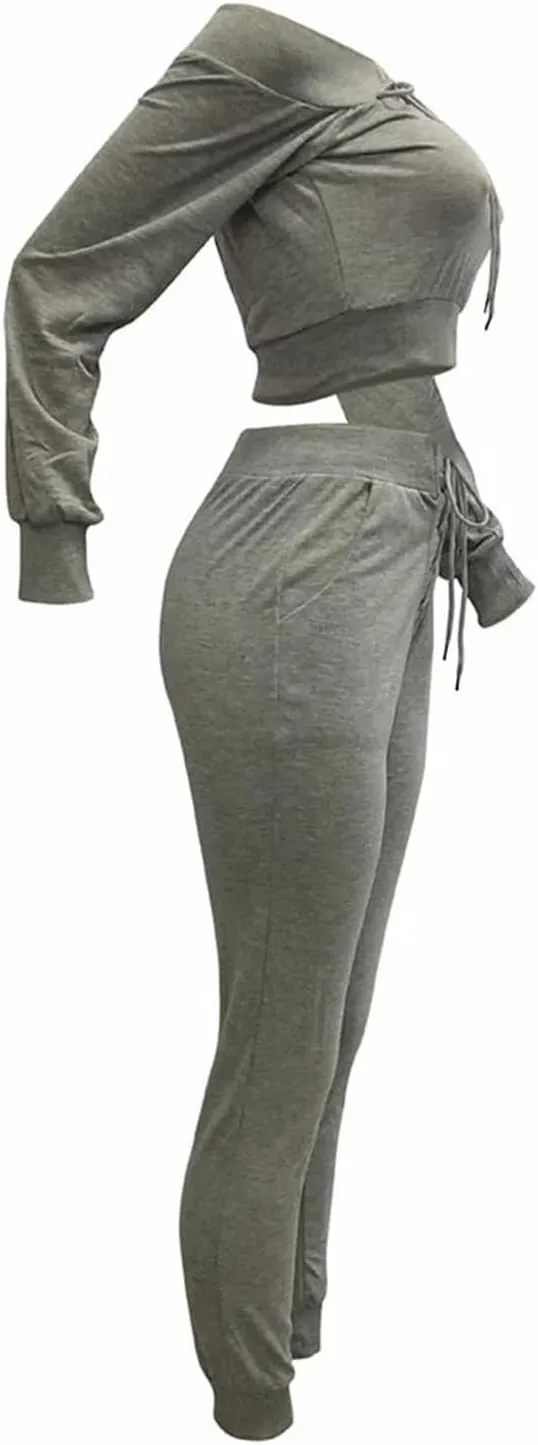 OLUOLIN Women Sexy Long Sleeve Two Pieces Outfits Tracksuit Lace Up Off Shoulder Casual Sweatsuit