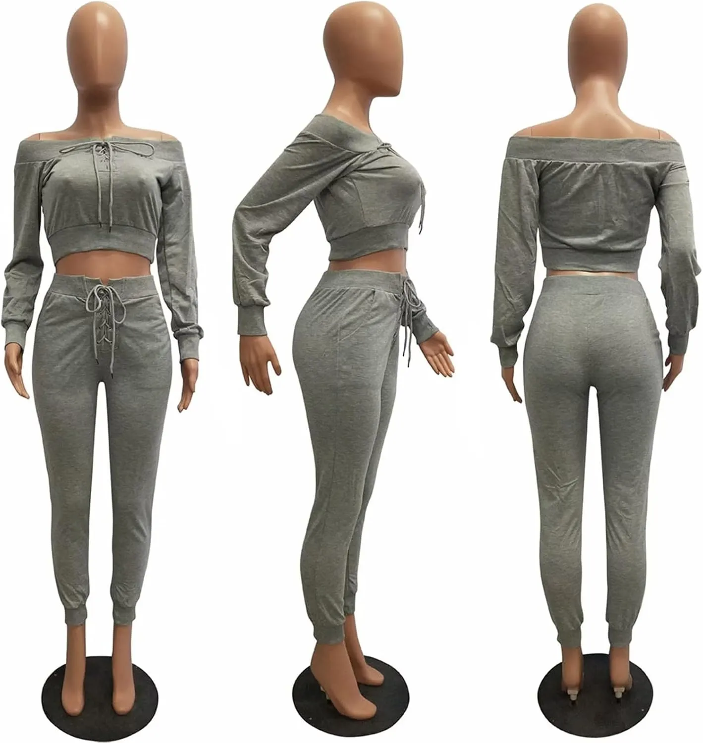 OLUOLIN Women Sexy Long Sleeve Two Pieces Outfits Tracksuit Lace Up Off Shoulder Casual Sweatsuit