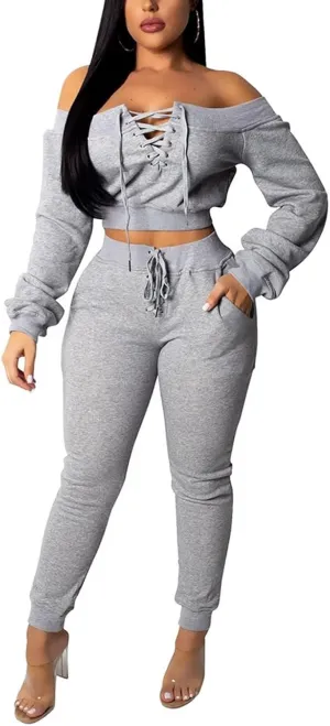 OLUOLIN Women Sexy Long Sleeve Two Pieces Outfits Tracksuit Lace Up Off Shoulder Casual Sweatsuit