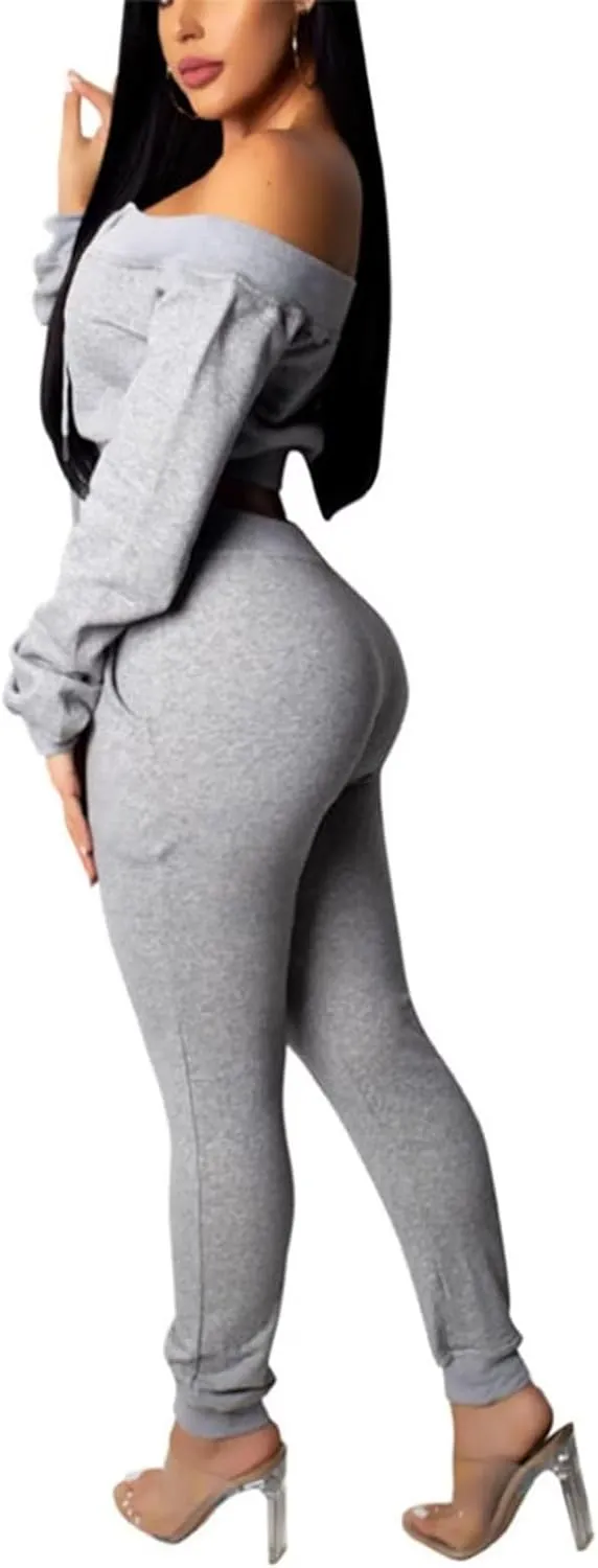 OLUOLIN Women Sexy Long Sleeve Two Pieces Outfits Tracksuit Lace Up Off Shoulder Casual Sweatsuit