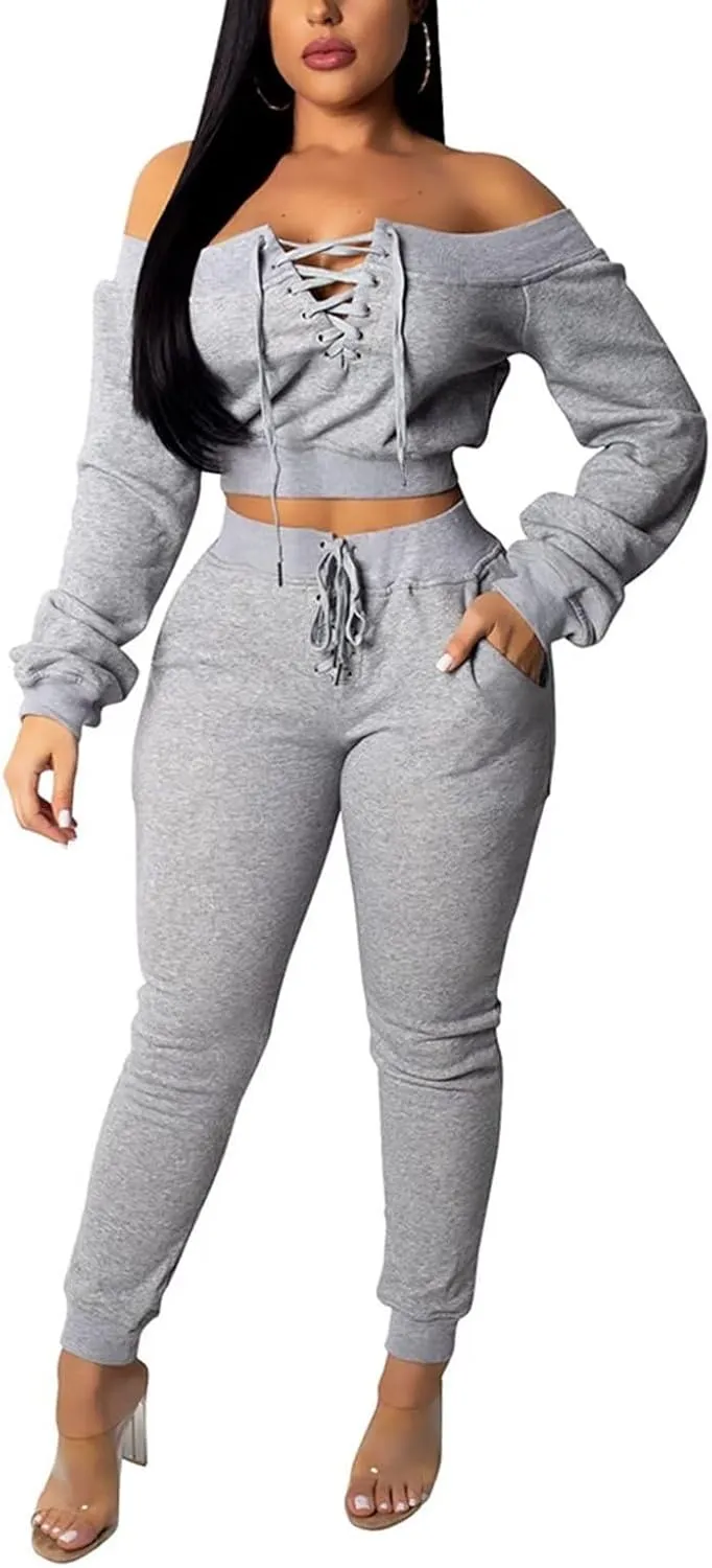 OLUOLIN Women Sexy Long Sleeve Two Pieces Outfits Tracksuit Lace Up Off Shoulder Casual Sweatsuit