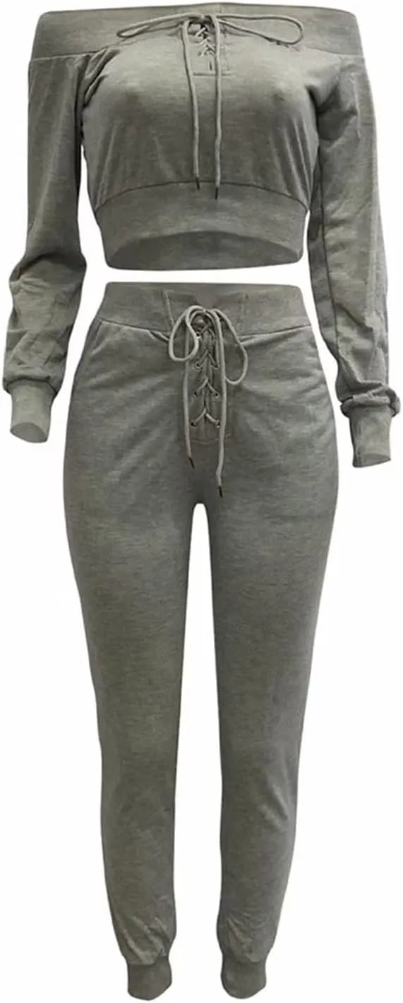OLUOLIN Women Sexy Long Sleeve Two Pieces Outfits Tracksuit Lace Up Off Shoulder Casual Sweatsuit