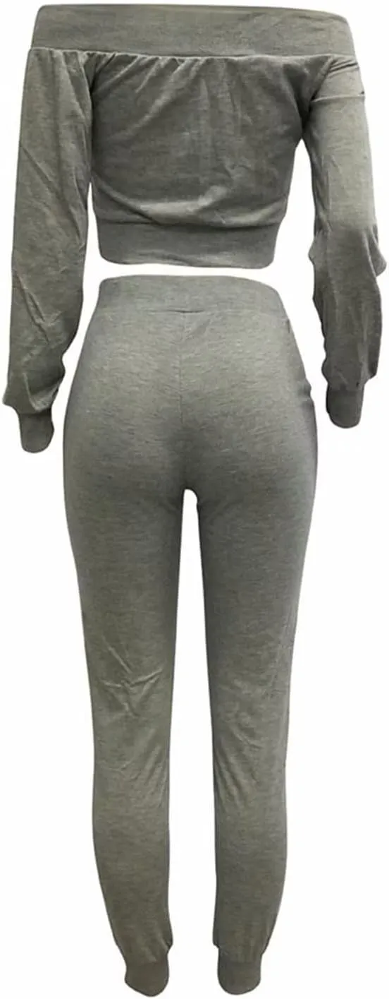 OLUOLIN Women Sexy Long Sleeve Two Pieces Outfits Tracksuit Lace Up Off Shoulder Casual Sweatsuit