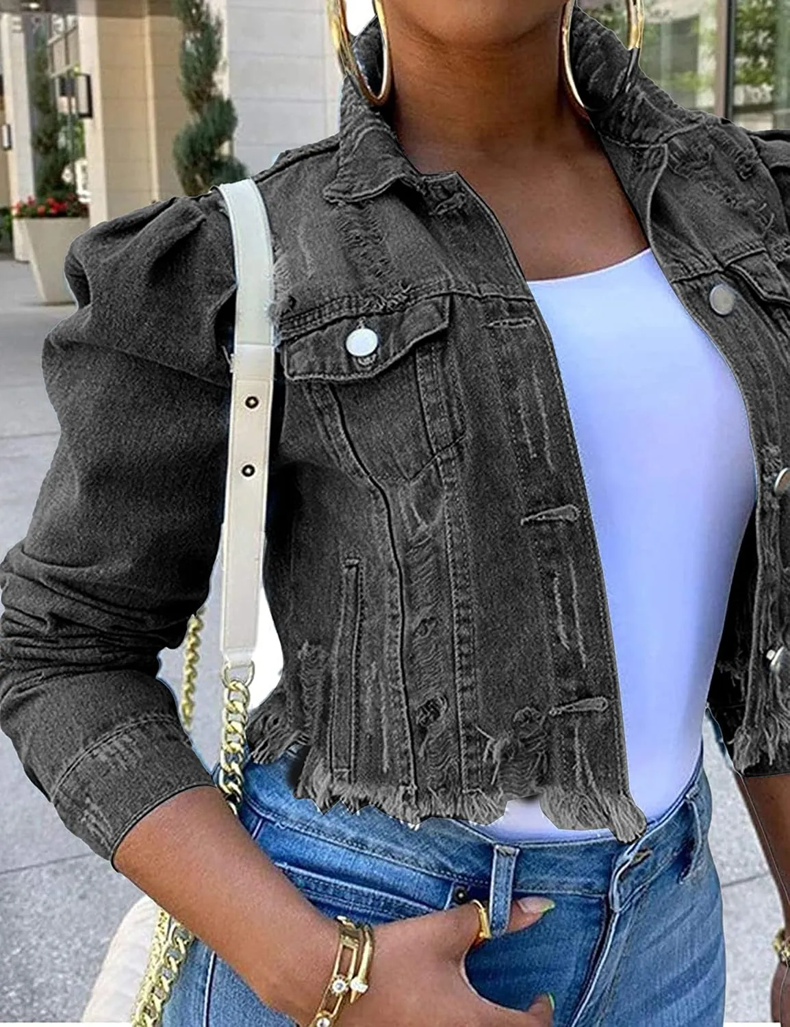 Omoone Women's Ripped Puff Sleeve Denim Crop Top Long-Sleeve Cropped Jean Jacket