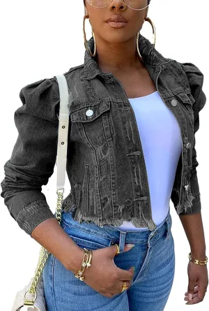 Omoone Women's Ripped Puff Sleeve Denim Crop Top Long-Sleeve Cropped Jean Jacket