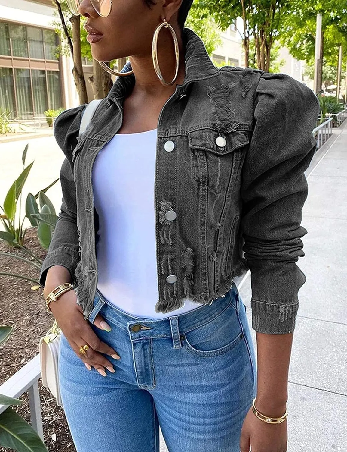 Omoone Women's Ripped Puff Sleeve Denim Crop Top Long-Sleeve Cropped Jean Jacket