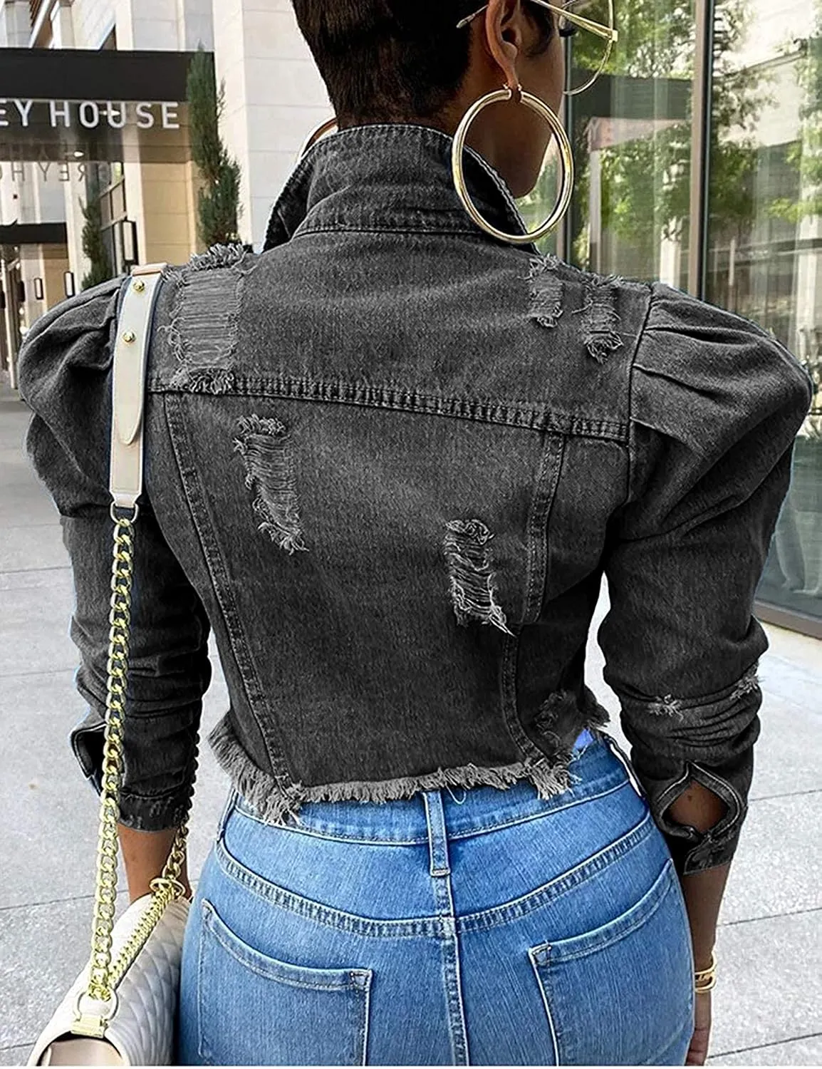 Omoone Women's Ripped Puff Sleeve Denim Crop Top Long-Sleeve Cropped Jean Jacket