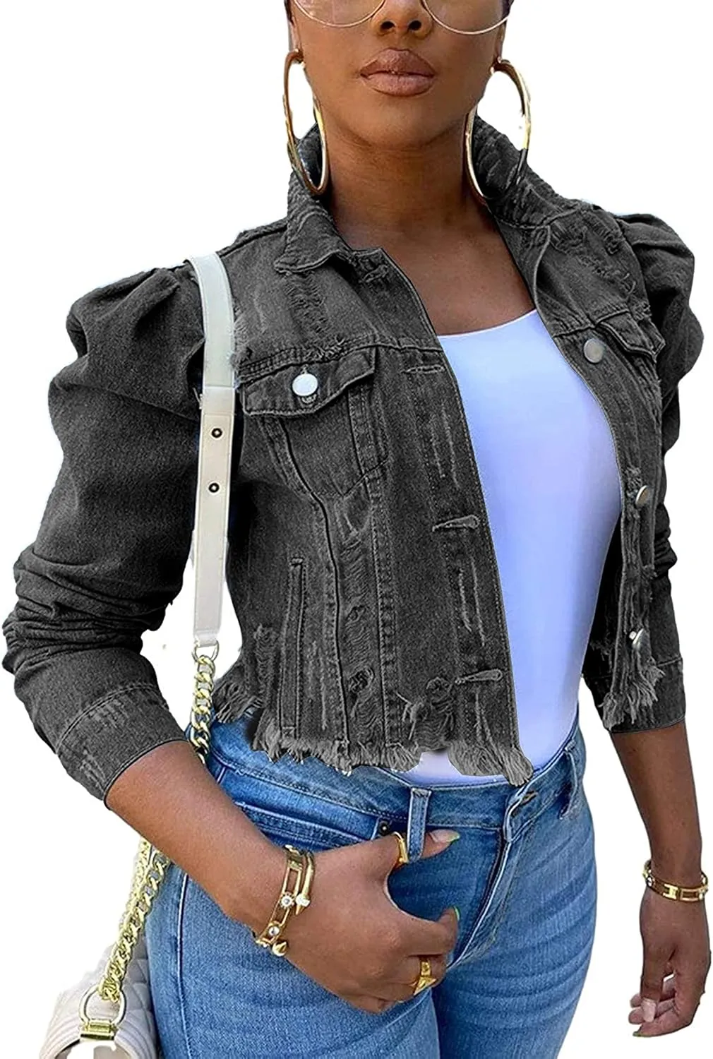 Omoone Women's Ripped Puff Sleeve Denim Crop Top Long-Sleeve Cropped Jean Jacket
