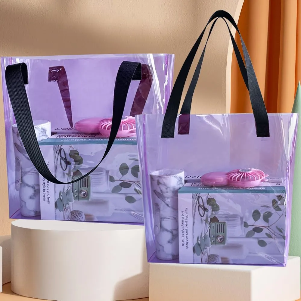 ONEART 2 Pieces Hot pink Clear Tote Bags, Waterproof Seethrough Bag Vinyl Handle Bag, Transparent Tote Bag for Women
