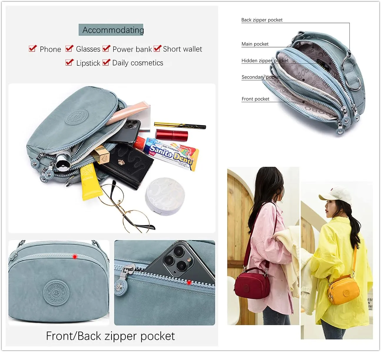 OPXTO-BoBo Lightweight Small Solid Color Crossbody shoulder bag, Nylon Multi-Pocket Cell Phone Purses Wallet for Women