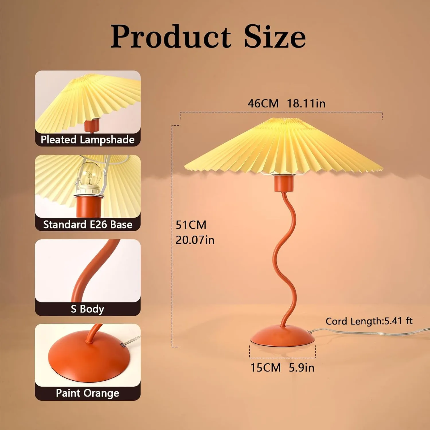 Orange Pleated Table Lamp, Mid Century Modern Bedside Lamp for Bedroom and Living Room
