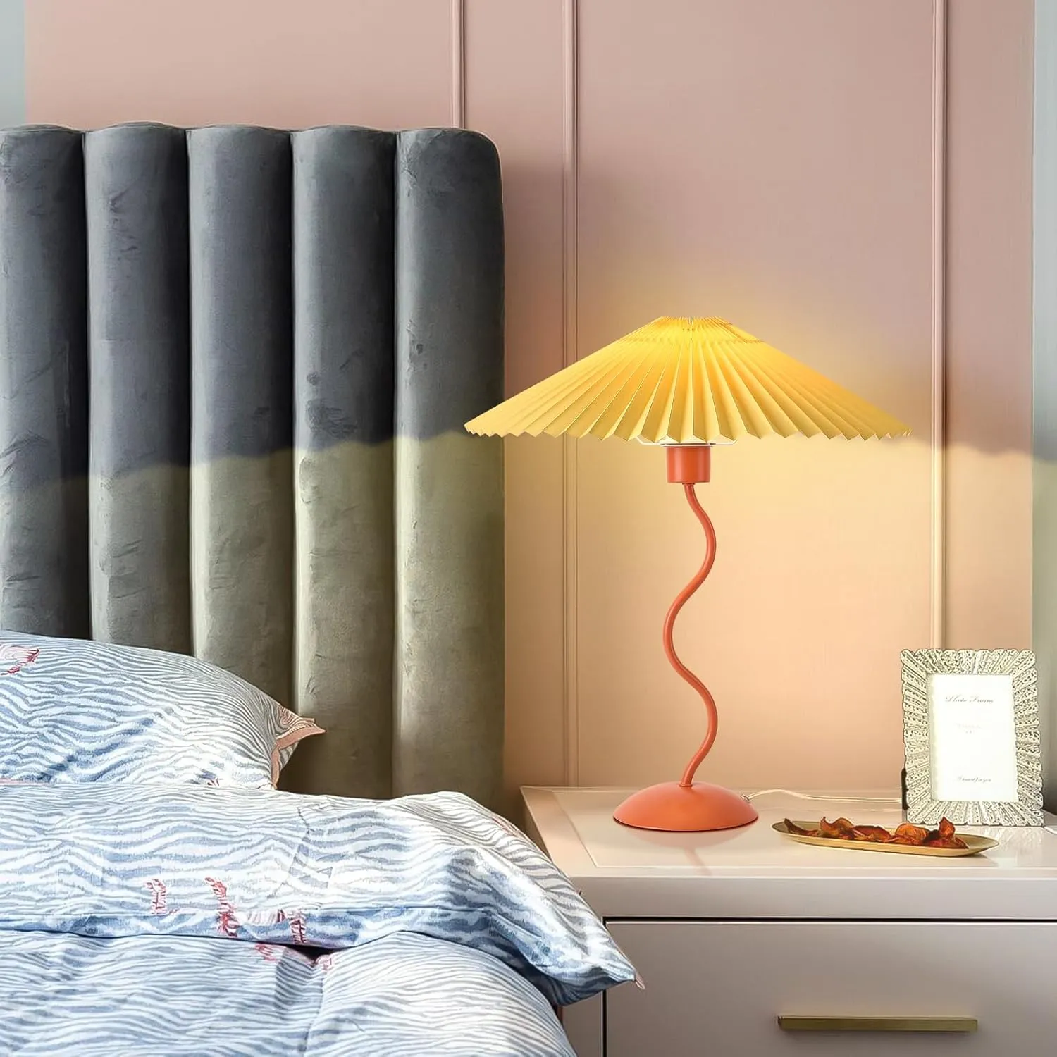 Orange Pleated Table Lamp, Mid Century Modern Bedside Lamp for Bedroom and Living Room