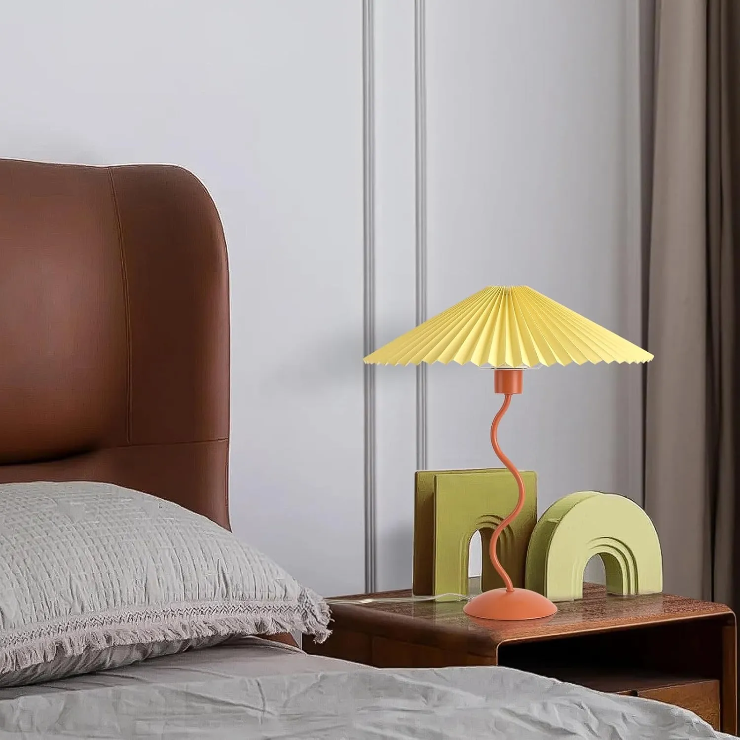 Orange Pleated Table Lamp, Mid Century Modern Bedside Lamp for Bedroom and Living Room