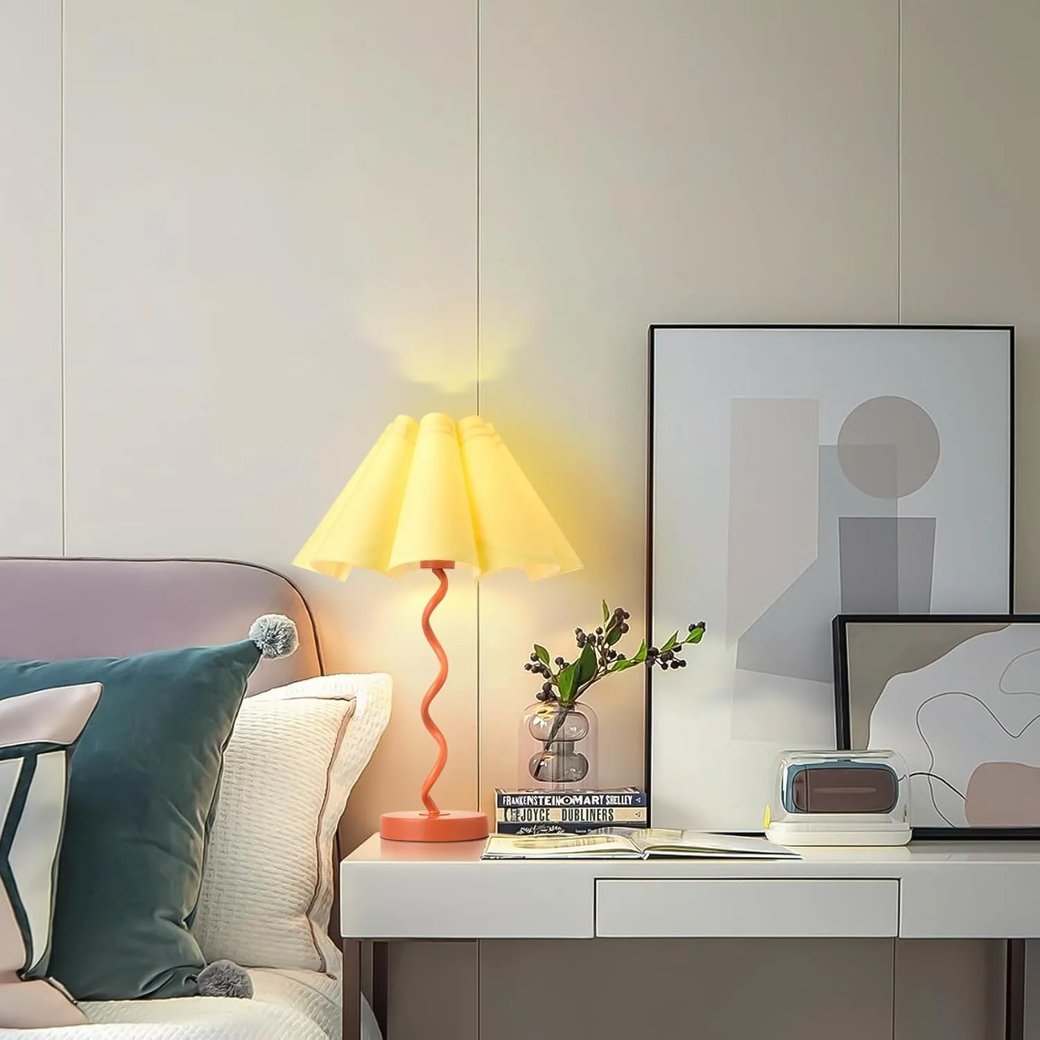 Orange Pleated Table Lamp, Mid Century Modern Table Lamp for Bedroom, Pleated Lamp Shape, MCM Table Lamp Bedside Lamps for Nightstand, Living Room (Orange)