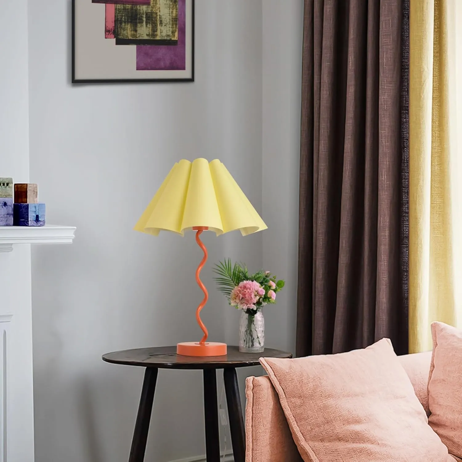 Orange Pleated Table Lamp, Mid Century Modern Table Lamp for Bedroom, Pleated Lamp Shape, MCM Table Lamp Bedside Lamps for Nightstand, Living Room (Orange)
