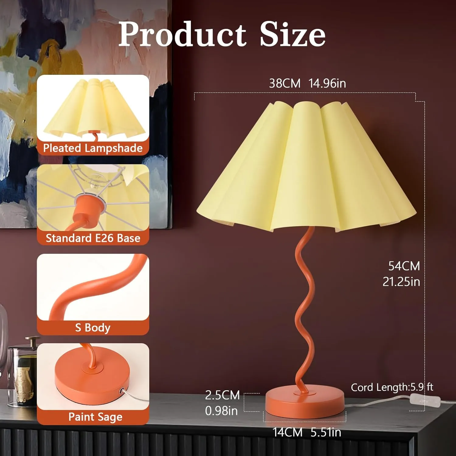 Orange Pleated Table Lamp, Mid Century Modern Table Lamp for Bedroom, Pleated Lamp Shape, MCM Table Lamp Bedside Lamps for Nightstand, Living Room (Orange)