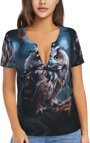 Owl Listening Pattern Sexy V-Neck Printed Short T-Shirt, Travel Portable Fitness Clothes, Home and Outdoor wear