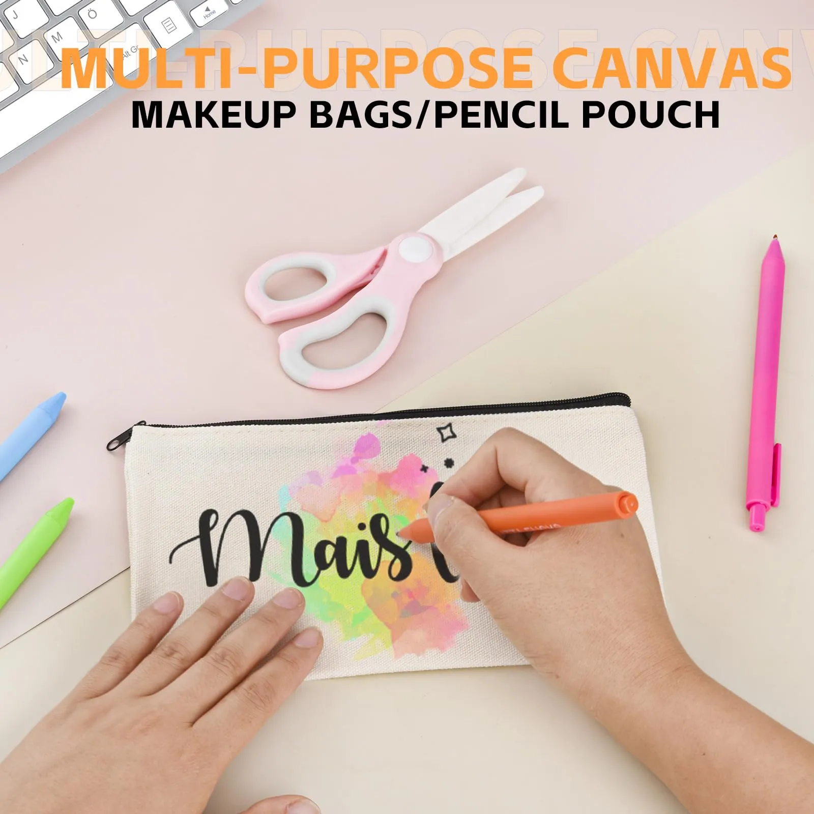 pabues 14 Pieces 8 x 4.7 Inch Blank Craft DIY Canvas Pen Pencil Case- Cotton Canvas Invoice Bill Bag Makeup Bag Cosmetic Bag Multipurpose Travel Toiletry Pouch with Black Zipper