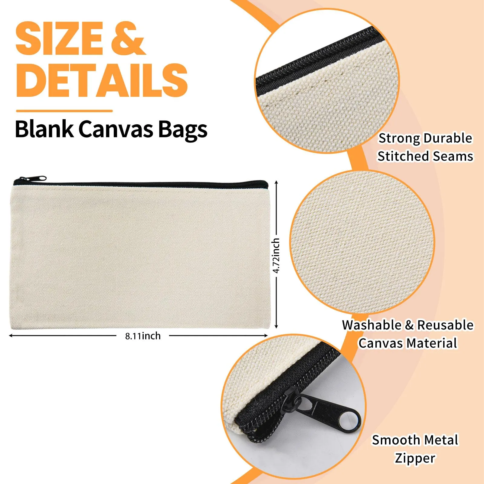 pabues 14 Pieces 8 x 4.7 Inch Blank Craft DIY Canvas Pen Pencil Case- Cotton Canvas Invoice Bill Bag Makeup Bag Cosmetic Bag Multipurpose Travel Toiletry Pouch with Black Zipper