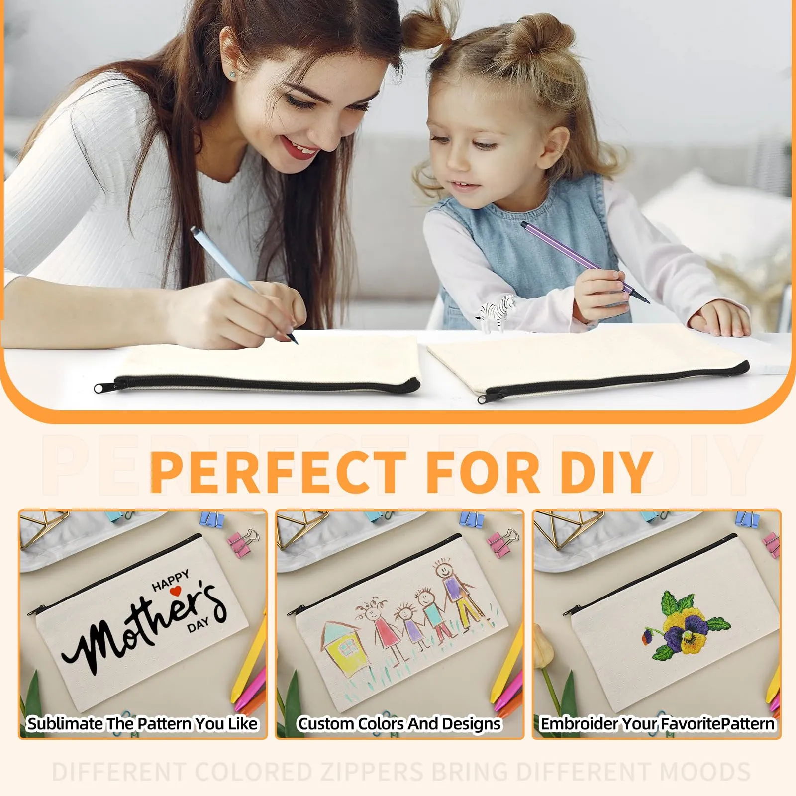 pabues 14 Pieces 8 x 4.7 Inch Blank Craft DIY Canvas Pen Pencil Case- Cotton Canvas Invoice Bill Bag Makeup Bag Cosmetic Bag Multipurpose Travel Toiletry Pouch with Black Zipper