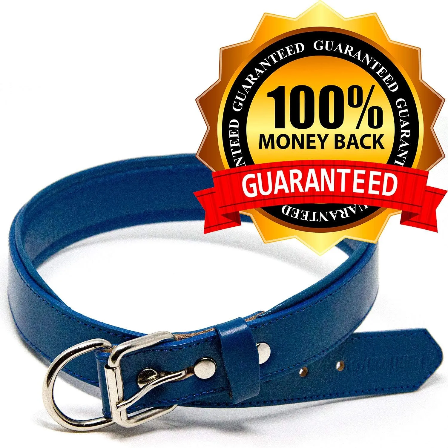 Padded Dog Collar - Best Full Grain Heavy Duty Genuine Leather Collar - Blue - Extra Large