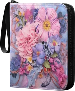 Painting Flowers Card Binder with Double Sided PU Leather Holder Albums Book with 400 Pockets for Collectible Trading Card Games Card
