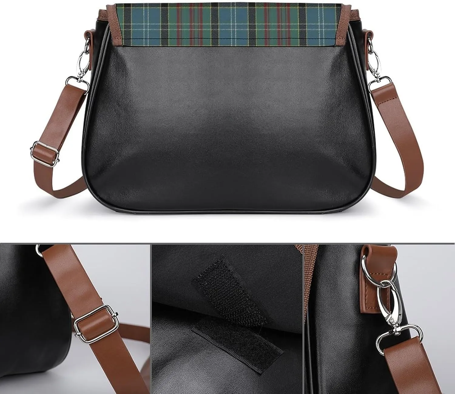 Paisley District Tartan Leather Decorative Crossbody Strap Backpack, Large Capacity Shoulder Bag